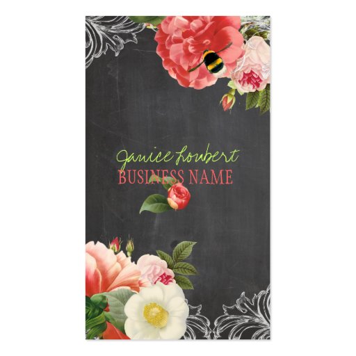 PixDezines chalkboard+vintage peonies Business Card Template (front side)