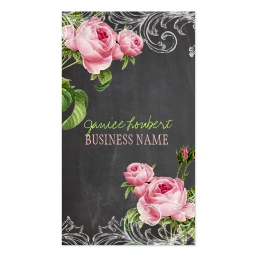 PixDezines chalkboard+vintage roses Business Card (front side)