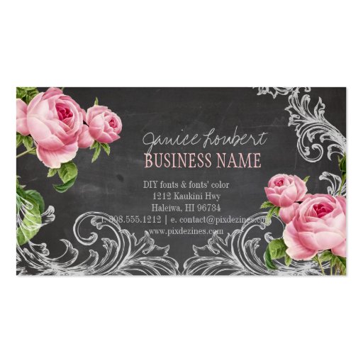 PixDezines chalkboard+vintage roses Business Card (back side)