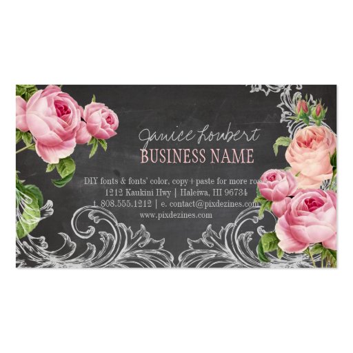 PixDezines chalkboard+vintage roses Business Cards (back side)