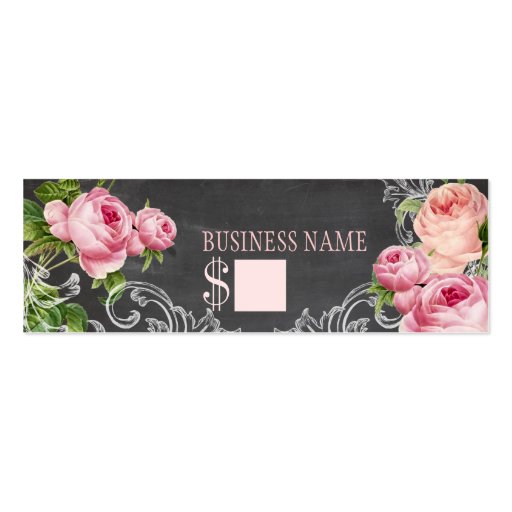 PixDezines chalkboard+vintage roses/price tags Business Card Template (back side)