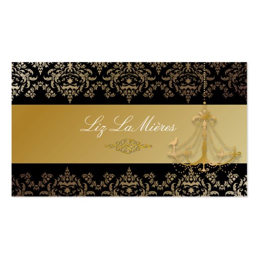 PixDezines Chandelier + Damask/ Black + Gold Lace Business Card Template (back side)