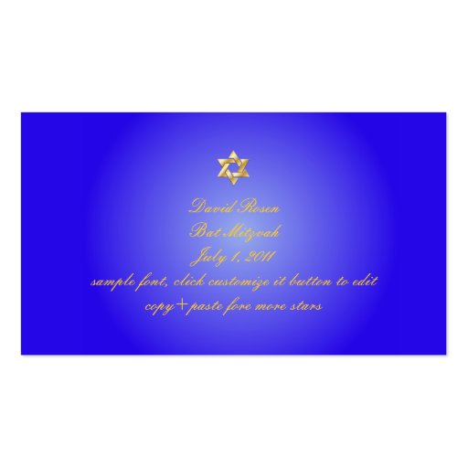 PixDezines Classic mitzvah place cards/blue+gold Business Card (back side)