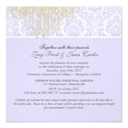 PixDezines Crystal Chandelier+Moiré Damask/purple Custom Invite