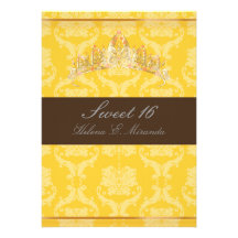 PixDezines Damask Sweet 16/ tiara/yellow+chocolate Custom Invitation