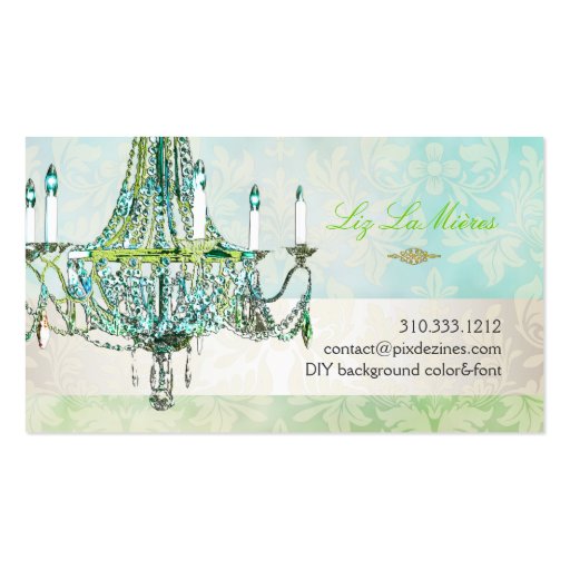 PixDezines emerald green+blue topaz chandelier Business Card (back side)