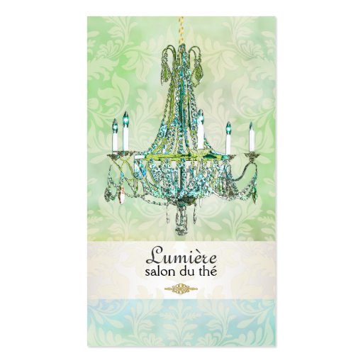 PixDezines emerald green+blue topaz chandelier Business Card (front side)