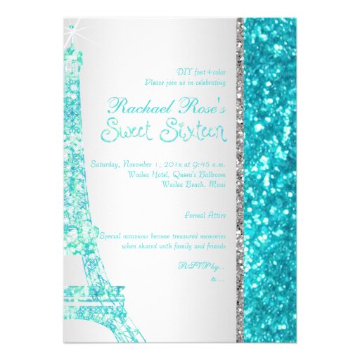 PixDezines faux glitter eifflel/aqua blue/sweet 16 Invitation