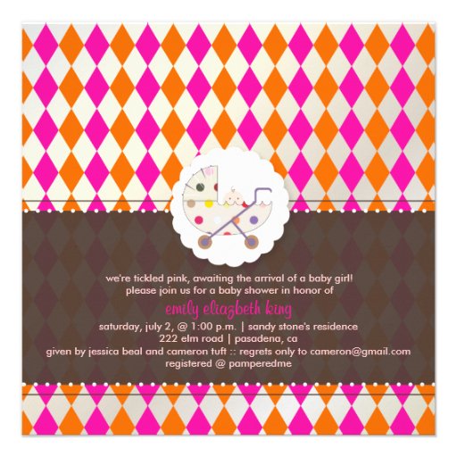 PixDezines harlequin/pink+orange/baby shower/DIY Custom Invitations