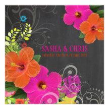 PixDezines hot pink+orange hibiscus+monstera Personalized Invite