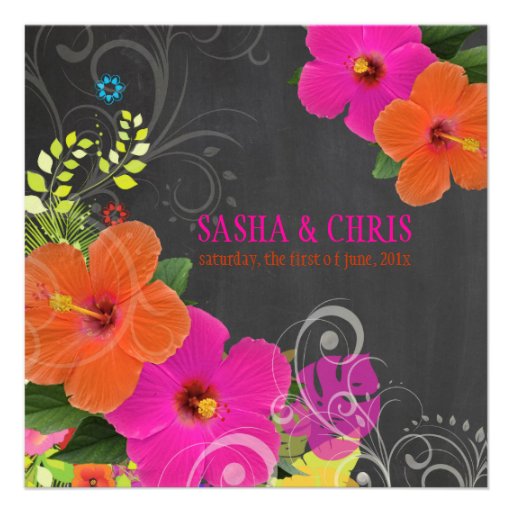 PixDezines hot pink+orange hibiscus+monstera Personalized Invite (front side)