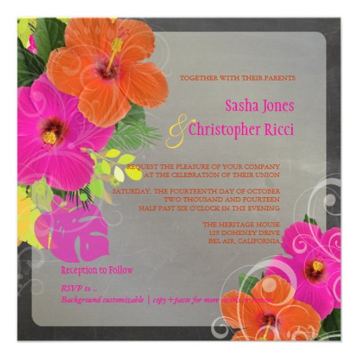 PixDezines hot pink+orange hibiscus+monstera Personalized Invite