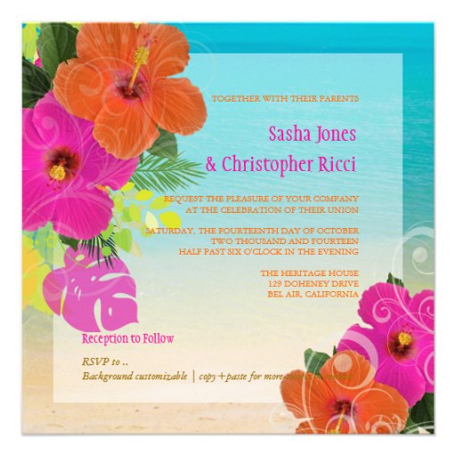 PixDezines hot pink+orange hibiscus+monstera Invites