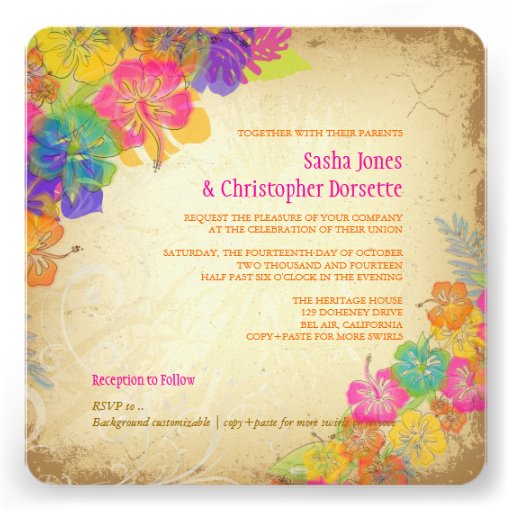 PixDezines hot pink+orange hibiscus+monstera Custom Invitations