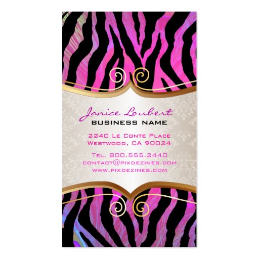 PixDezines hot pink zebra+gold trim label Business Card Templates (back side)