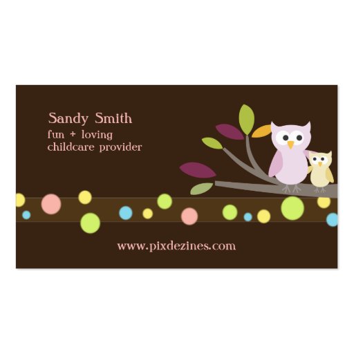 PixDezines Mommy + Baby owls childcare Business Card Template (front side)