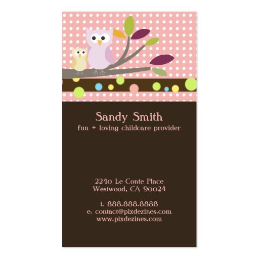 PixDezines Mommy + Baby owls childcare Business Card Template (back side)