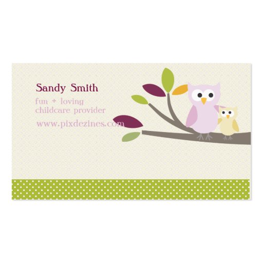 PixDezines Mommy + Baby owls childcare Business Card Templates (front side)