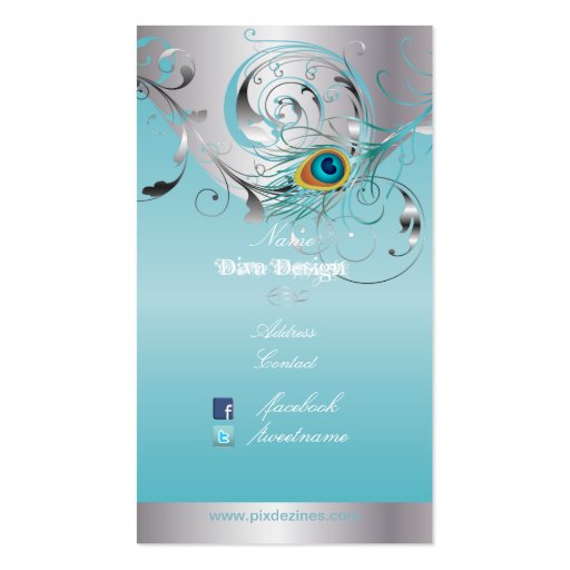 PixDezines peacock filigree+swirls/silver+blue ice Business Card Template (back side)