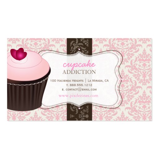 PixDezines pink heart cupcake+celine damask Business Card Templates (back side)