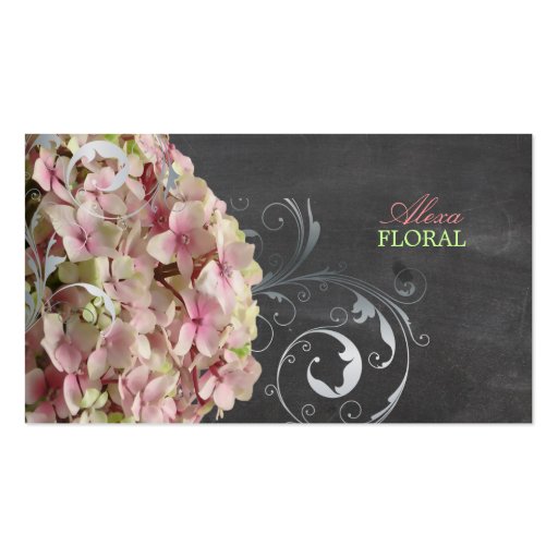 PixDezines pink hydrangeas, florists/chalkboard Business Card (front side)