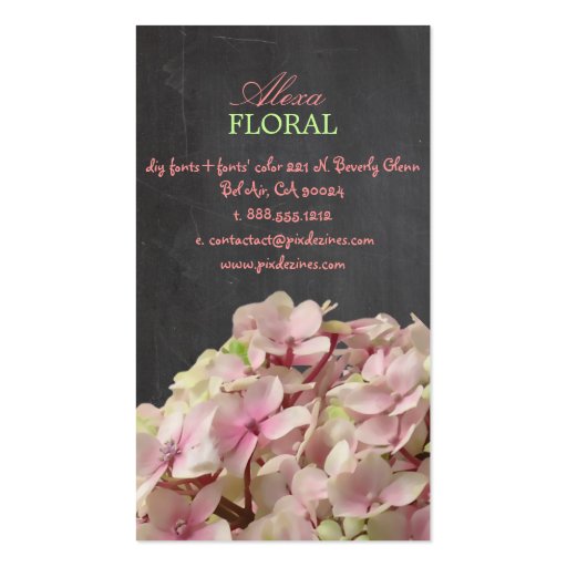 PixDezines pink hydrangeas, florists/chalkboard Business Card (back side)