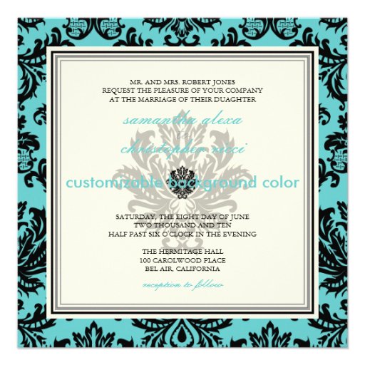 PixDezines Piqué, Damask / Black+Aqua Blue Velvet Personalized Invitation