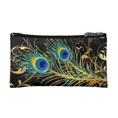 PixDezines psychedelic peacock/diy background+text Makeup Bags