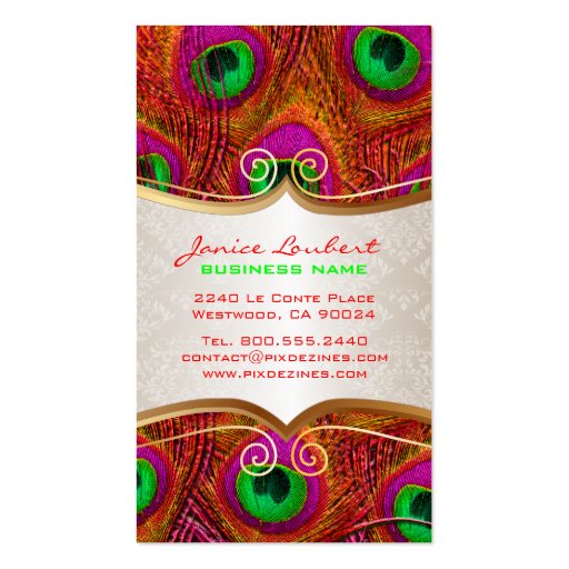 PixDezines psychedelic peacock+gold trim label Business Card (front side)