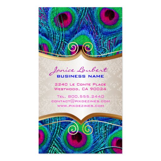 PixDezines psychedelic peacock+gold trim label Business Card (back side)