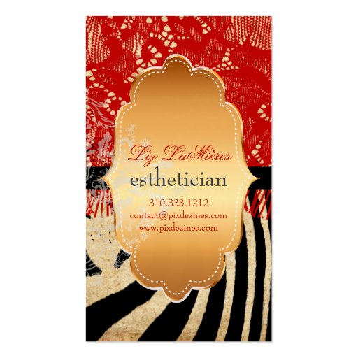 PixDezines red vintage lace+zebra Business Card Template (back side)