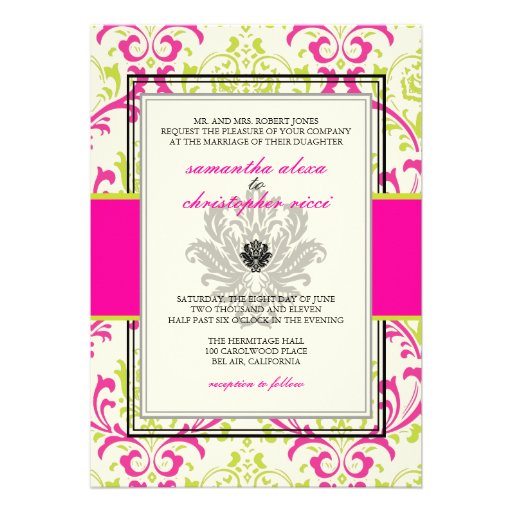 PixDezines Rossi, Damask / Lime+Fuschia Invitations