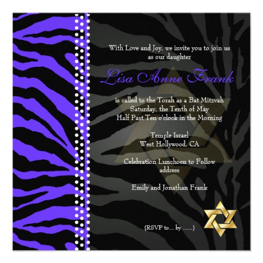 PixDezines Royal Purple Zebra Stripes, Bat Mitzvah Custom Announcement
