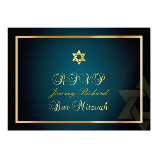 PixDezines rsvp Star, Bar Mitzvah/teal+gold Custom Invitation (front side)