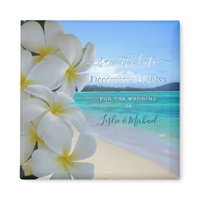 PixDezines Save Date, Beach+Plumeria Lei Fridge Magnet