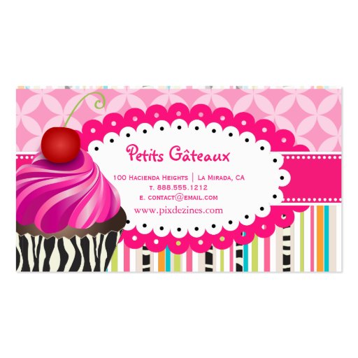 PixDezines strawberry swirls cupcake+stripes Business Cards (back side)