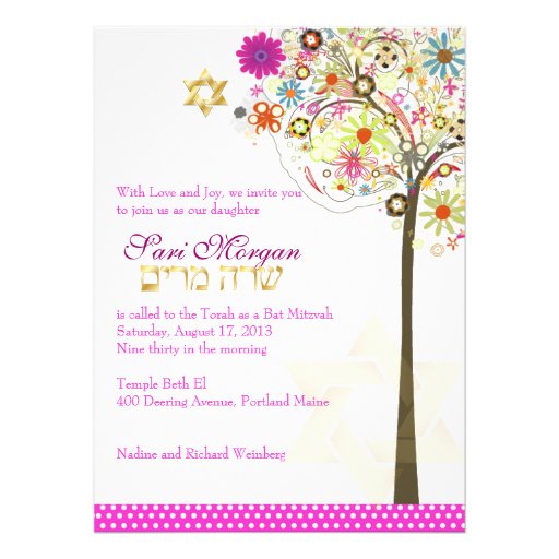 PixDezines tree of life+floral, Bat Mitzvah Personalized Invitations