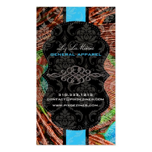 PixDezines Vendome Damask, Peacock Feather Business Cards (front side)