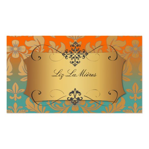 PixDezines Vintage Baroque damask/teal+orange Business Card Templates (front side)