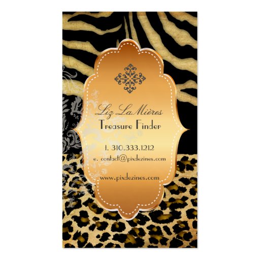 PixDezines vintage cheetah, zebra+gold label Business Card (back side)