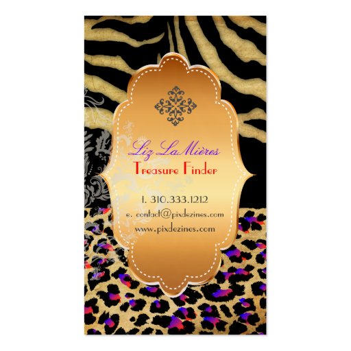 PixDezines vintage cheetah, zebra+gold label Business Card Template (back side)