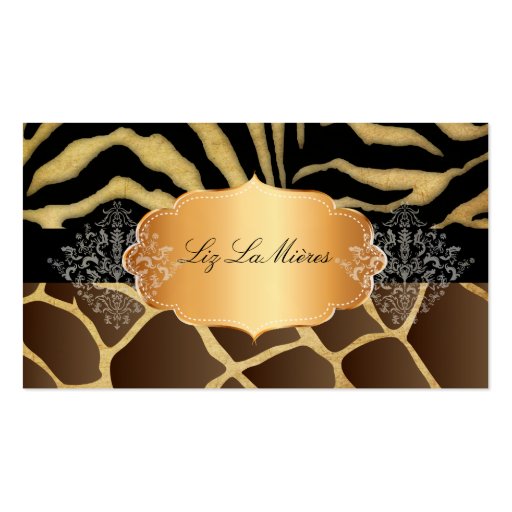 PixDezines vintage giraffe, zebra+gold label Business Cards (front side)