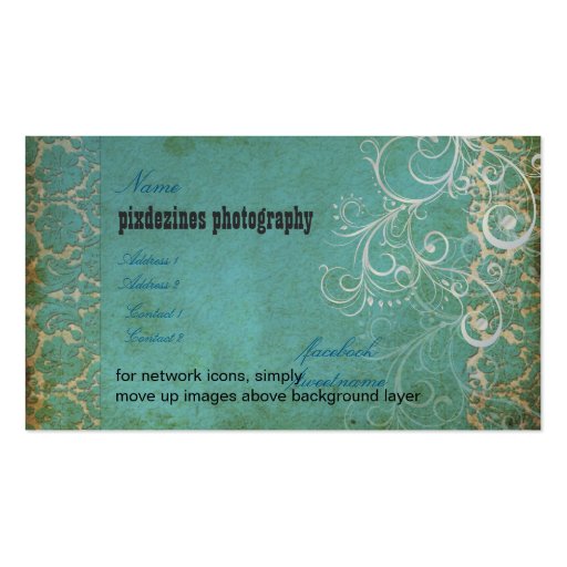 PixDezines Vintage Grunge Damask / Aqua Business Card (back side)