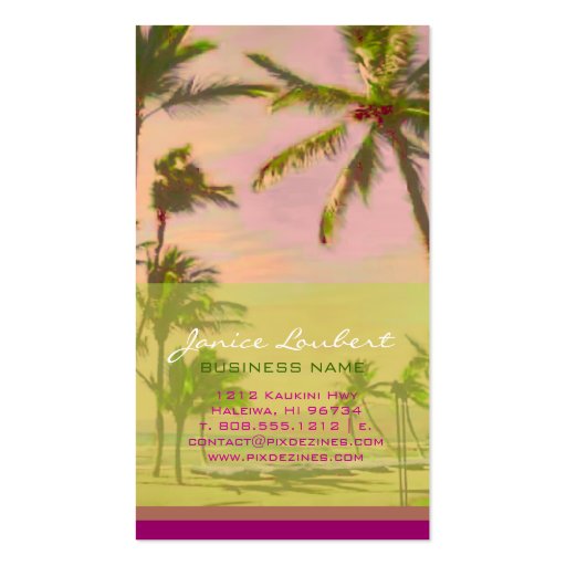 PixDezines Vintage Hawaiian Beach Scene/Magenta Business Cards (front side)