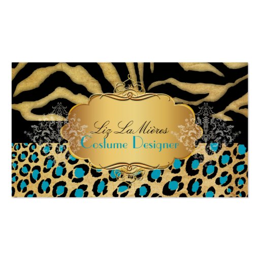 PixDezines Vintage leopard, zebra + damask Business Card Template (front side)