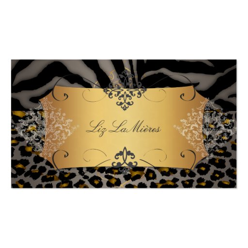 PixDezines Vintage leopard, zebra + damask Business Card Template (front side)