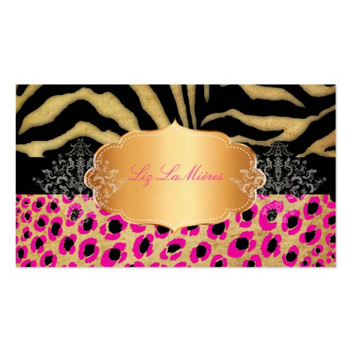PixDezines Vintage leopard, zebra+gold label Business Cards (front side)