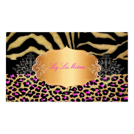 PixDezines vintage pink leopard, zebra+gold label Business Card Template (front side)