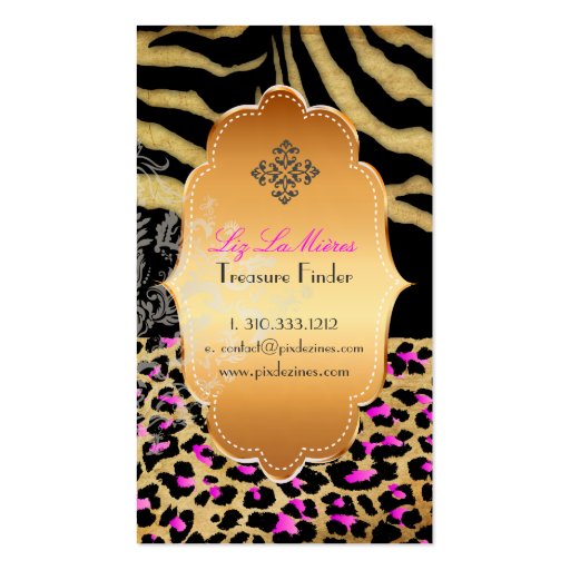 PixDezines vintage pink leopard, zebra+gold label Business Card Template (back side)