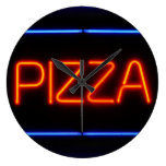 PIZZA Blue & Red Neon Sign Round Wallclocks